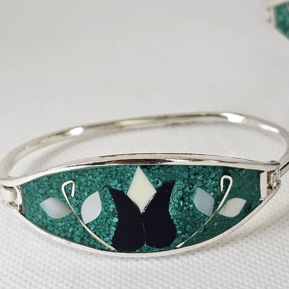 Vintage 3 Crushed Turquoise & Abalone Alpaca Silver Bracelets! - Picture 9 of 10